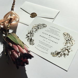 Aureate wedding Invitation is a floral crest semi-custom design. With a handcrafted illustration foil pressed onto luxury card stocks, this invitation is one your guests will love. 