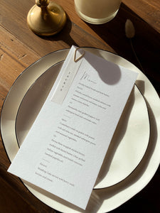 Wedding Menus with transparent name place tags. Gold tear drop clip. Wedding Stationery tablescape.