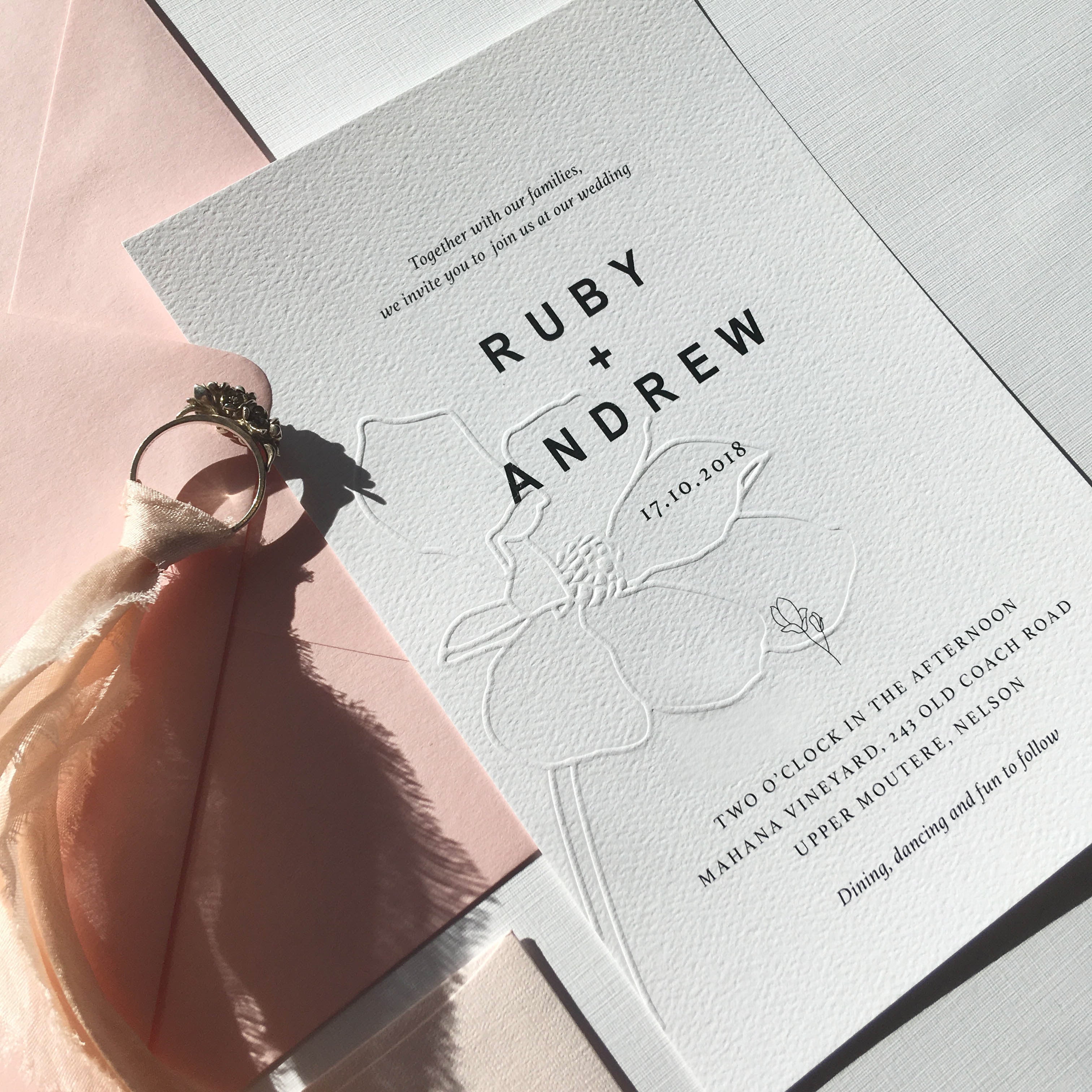 Ruby Wedding Invitation Embossed magnolia design Smitten With Love